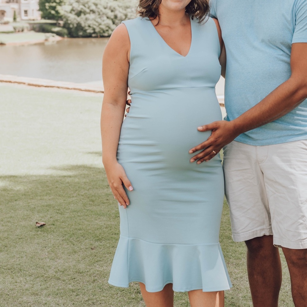 Pink Blush Maternity Light Blue Sleeveless Midi Dress with Ruffle, size Large
